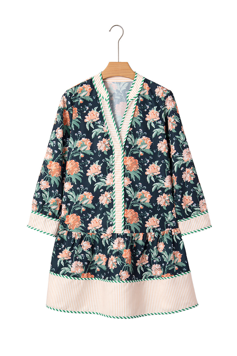 Floral Stripe Trim V-Neck Ruffle Hem Mini Dress