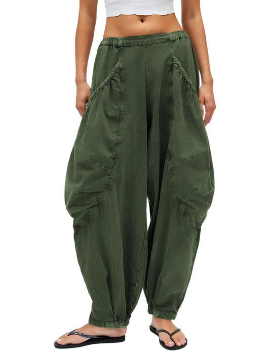 Tomosc Harem Pants for Women Casual Loose Palazzo Elastic Waisted Cotton Linen Wide Leg Pants with Pockets (10W-ArmyGreen-L) - # GIAA23410016