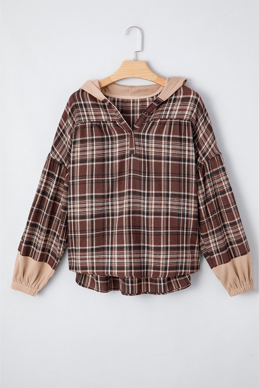 Plaid Quarter-Button Patchwork Long Sleeve Hooded Blouse
