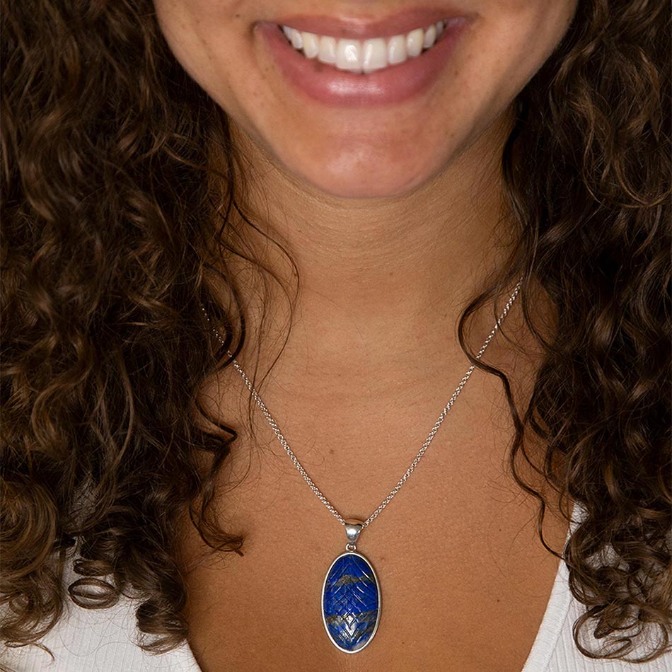 Carved Blue Lapis Sterling Silver Pendant Necklace