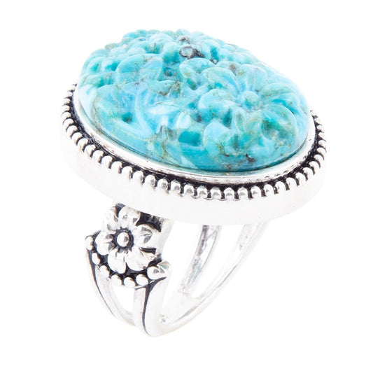 Carved Blue Turquoise and Sterling Silver Cocktail Ring