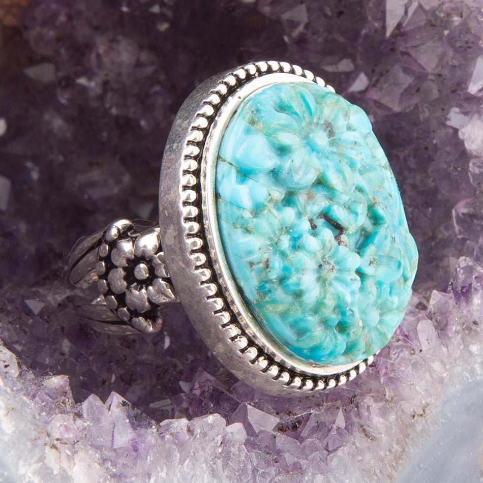 Carved Blue Turquoise and Sterling Silver Cocktail Ring