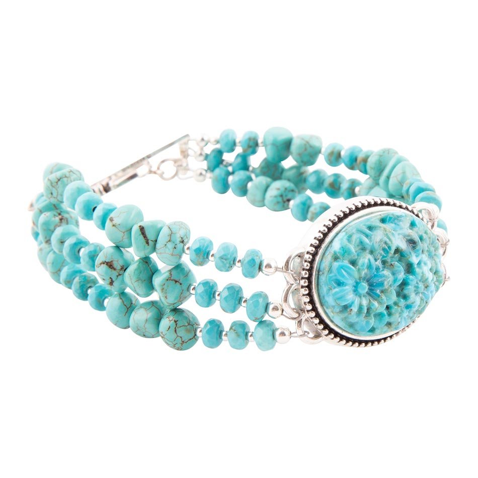 Carved Blue Turquoise and Sterling Silver Toggle Bracelet