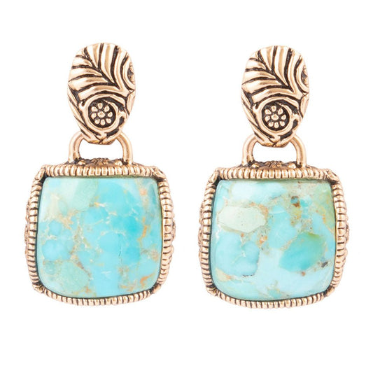 Carved Blue Turquoise Golden Drop Earrings