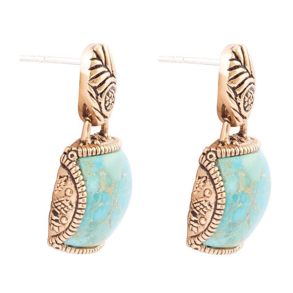Carved Blue Turquoise Golden Drop Earrings