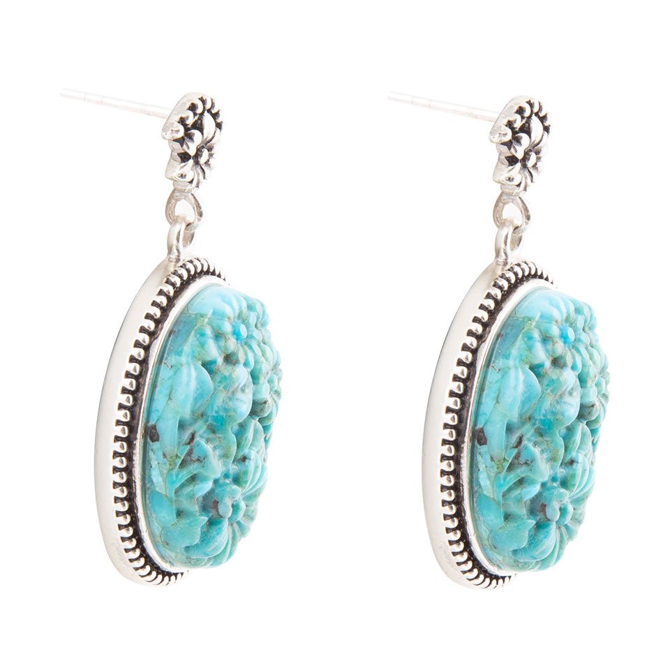 Carved Blue Turquoise Sterling Silver Drop Earrings