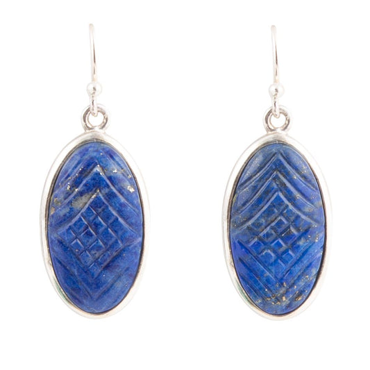 Carved Blue Lapis Sterling Silver Drop Earrings