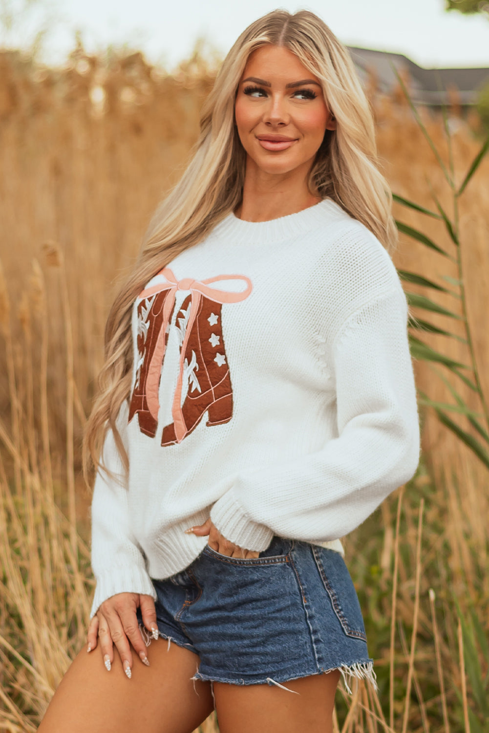 Western Bow Boots Embroidered Drop Shoulder Sweater