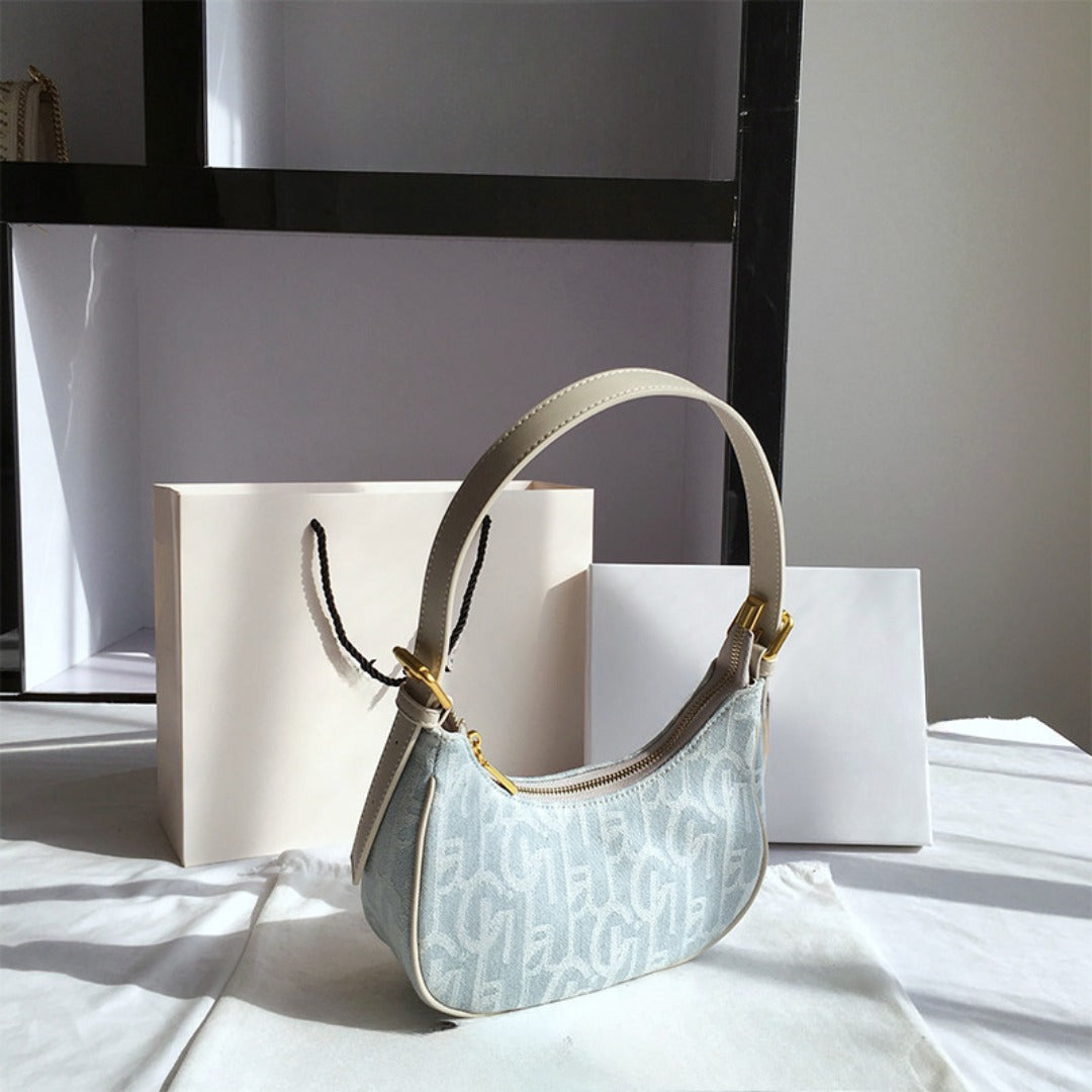 PU retro denim baguette armpit bag female, spring and summer shoulder bag, small hobo bag