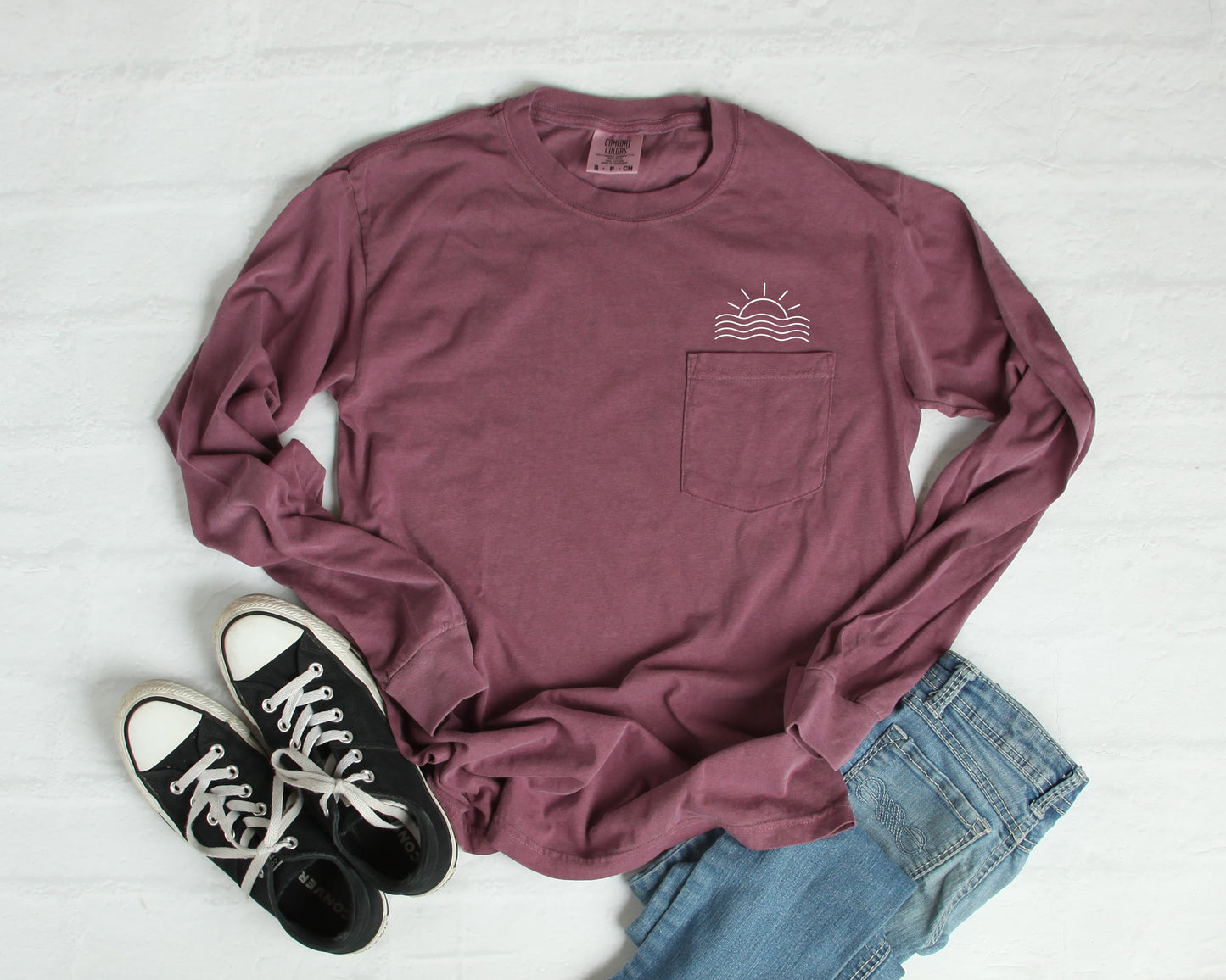 Comfort Colors Sun and Wave Lake Beach Vacation Pocket Long Sleeve Shirt