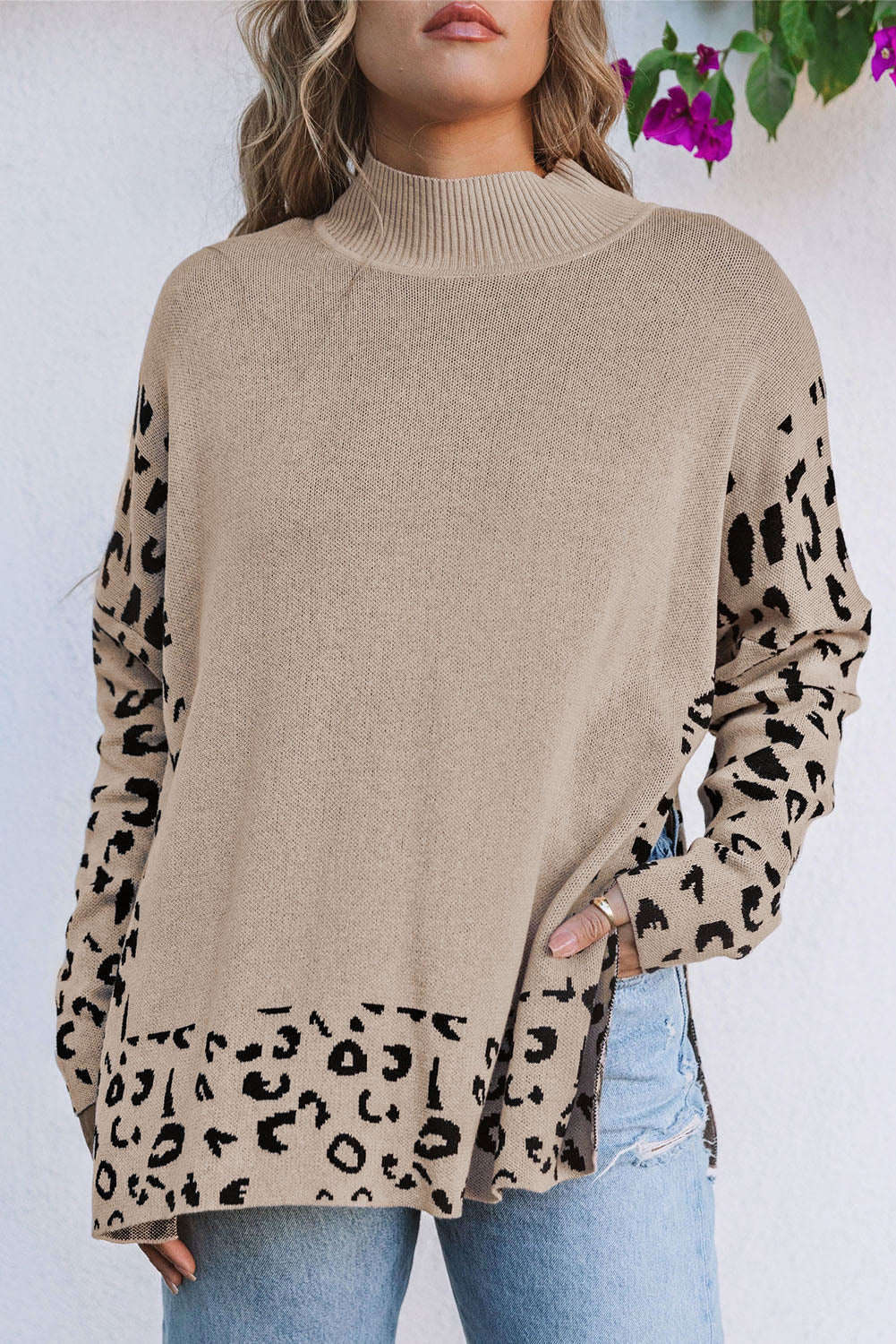 Leopard Mock Neck Side Slit Sweater