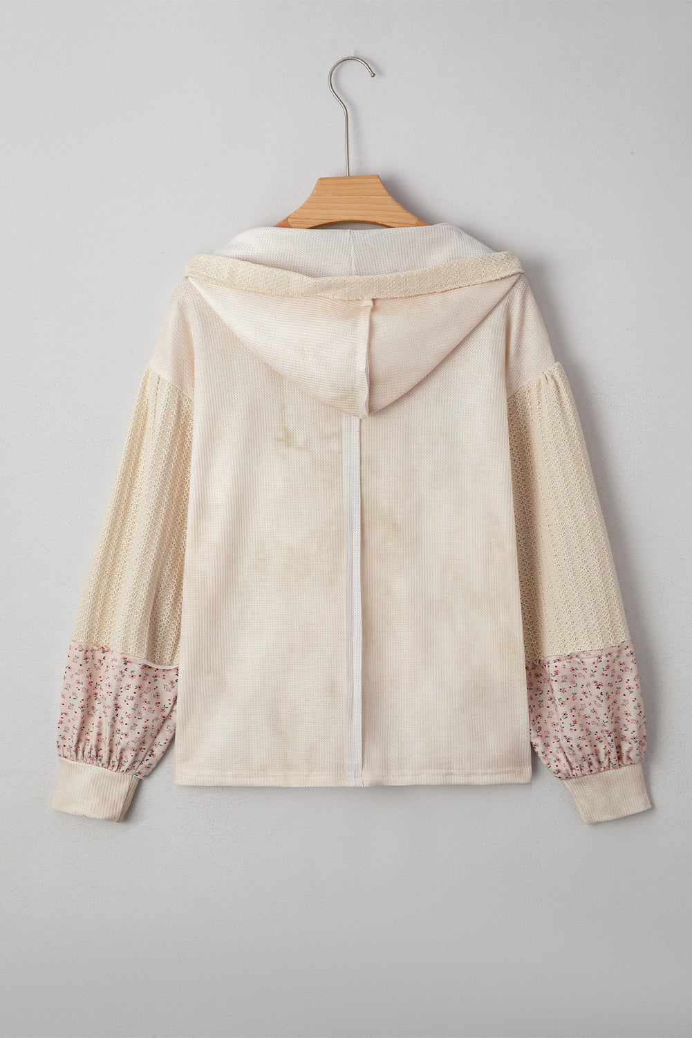 Floral Patchwork Waffle Textured V-Neck Hooded Top