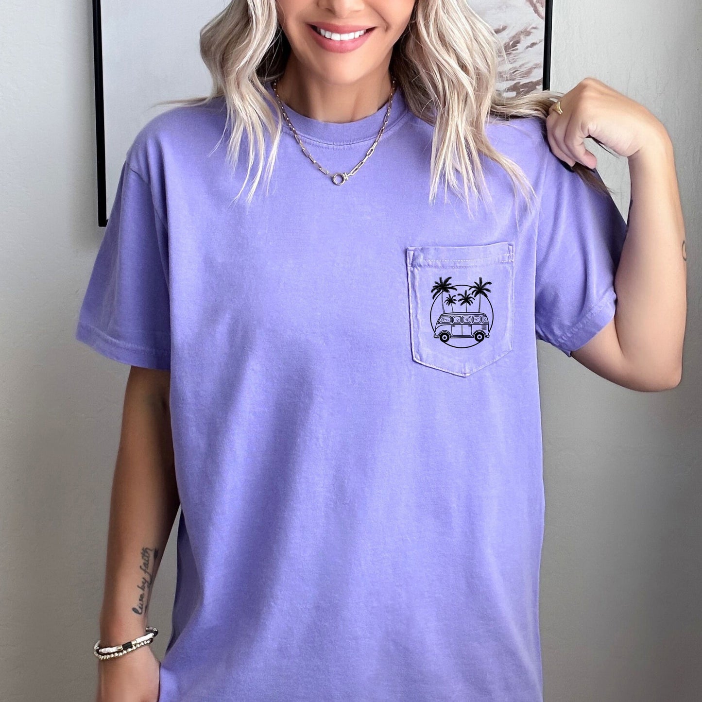 Palm Tree and Camping Car Comfort Colors Pocket T Shirt | Nature, Hiking, Plant