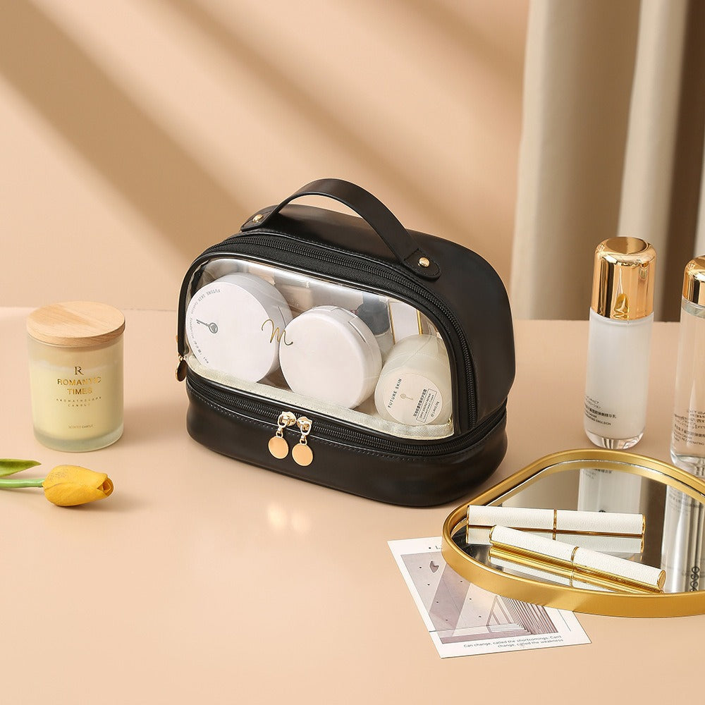 Transparent double layers cosmetic bag, travel large-capacity portable storage bag, PVC waterproof handbag cosmetic toilet bag, transparent makeup purse,Makeup bag with compartments,