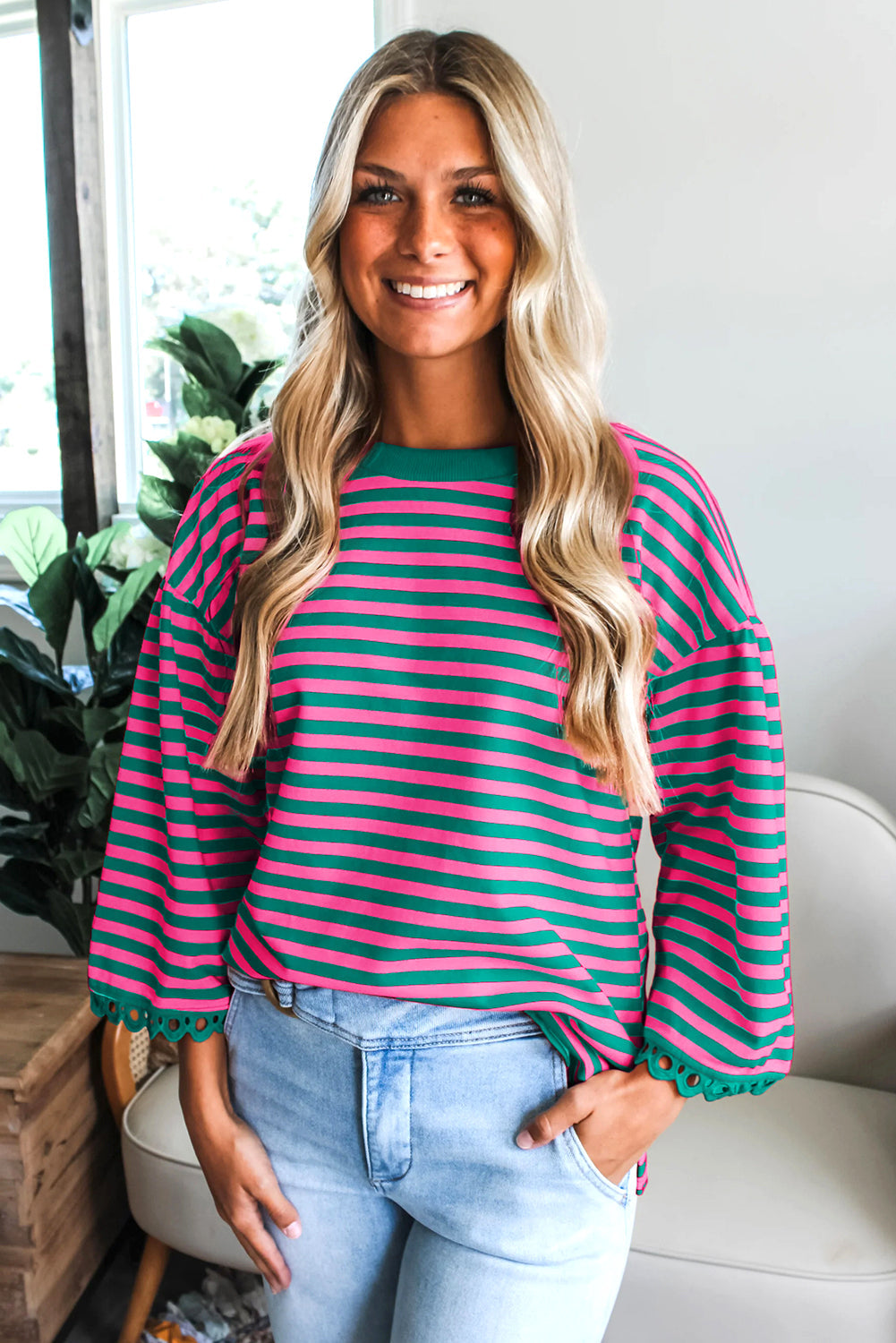 Stripe Lace Trim 3/4 Sleeve Top