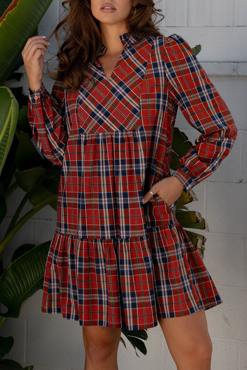 Plaid Frilled Collar Long Sleeve Mini Dress