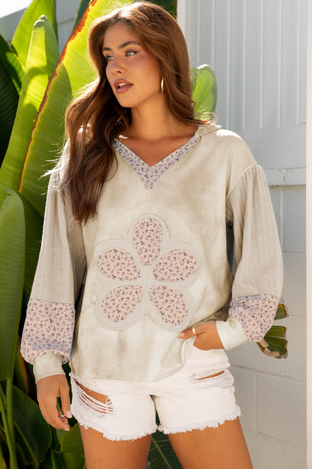 Floral Patchwork Waffle Textured V-Neck Hooded Top