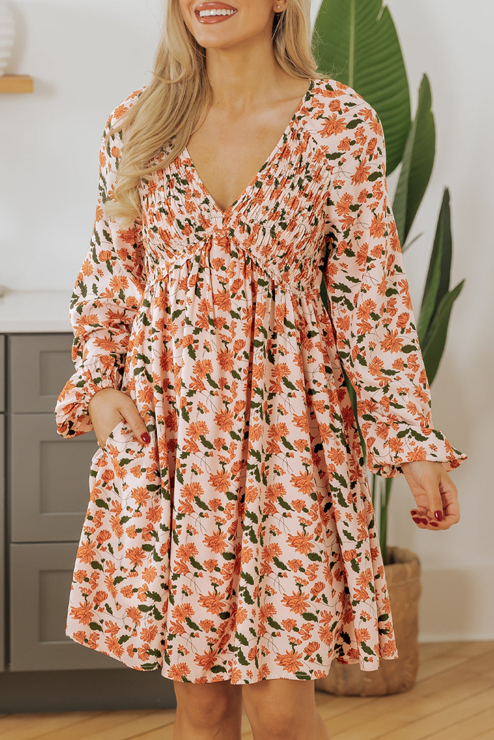 Floral Smocked V-Neck Bubble Sleeve Babydoll Dress