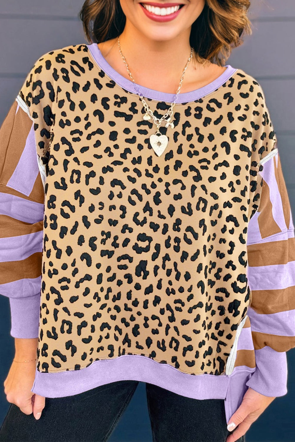 Plus Size Leopard Stripe Patchwork Side Slit Sweatshirt
