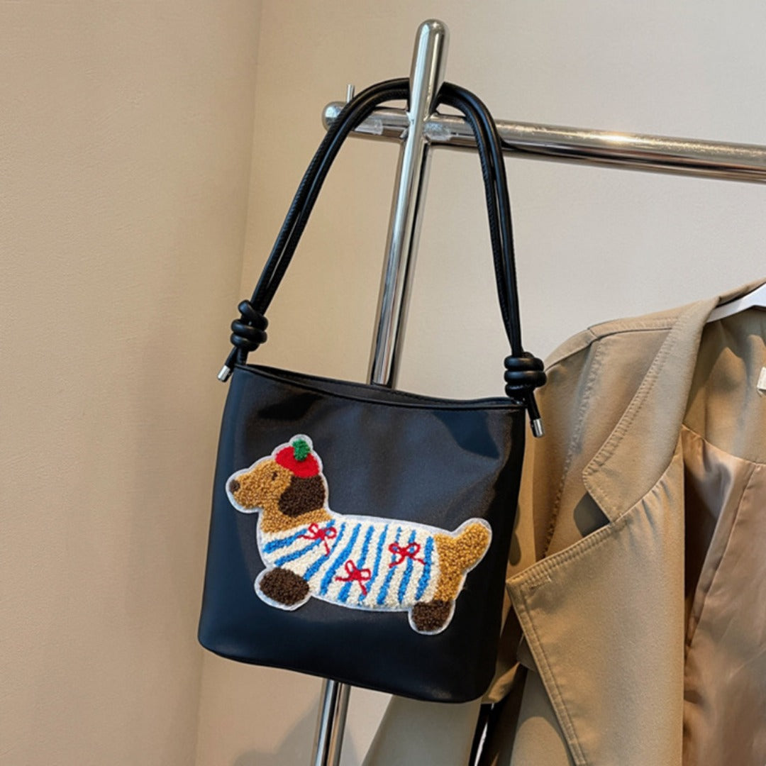 Adorable Cute Puppy Pattern Canvas Bag - Fashionable Bucket Style Shoulder Bag for Students & Women Hobo