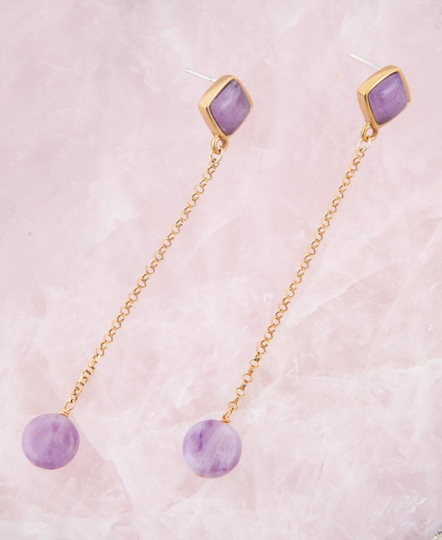 Chained Up Purple Amethyst and Golden Bronze Dangle Earrings