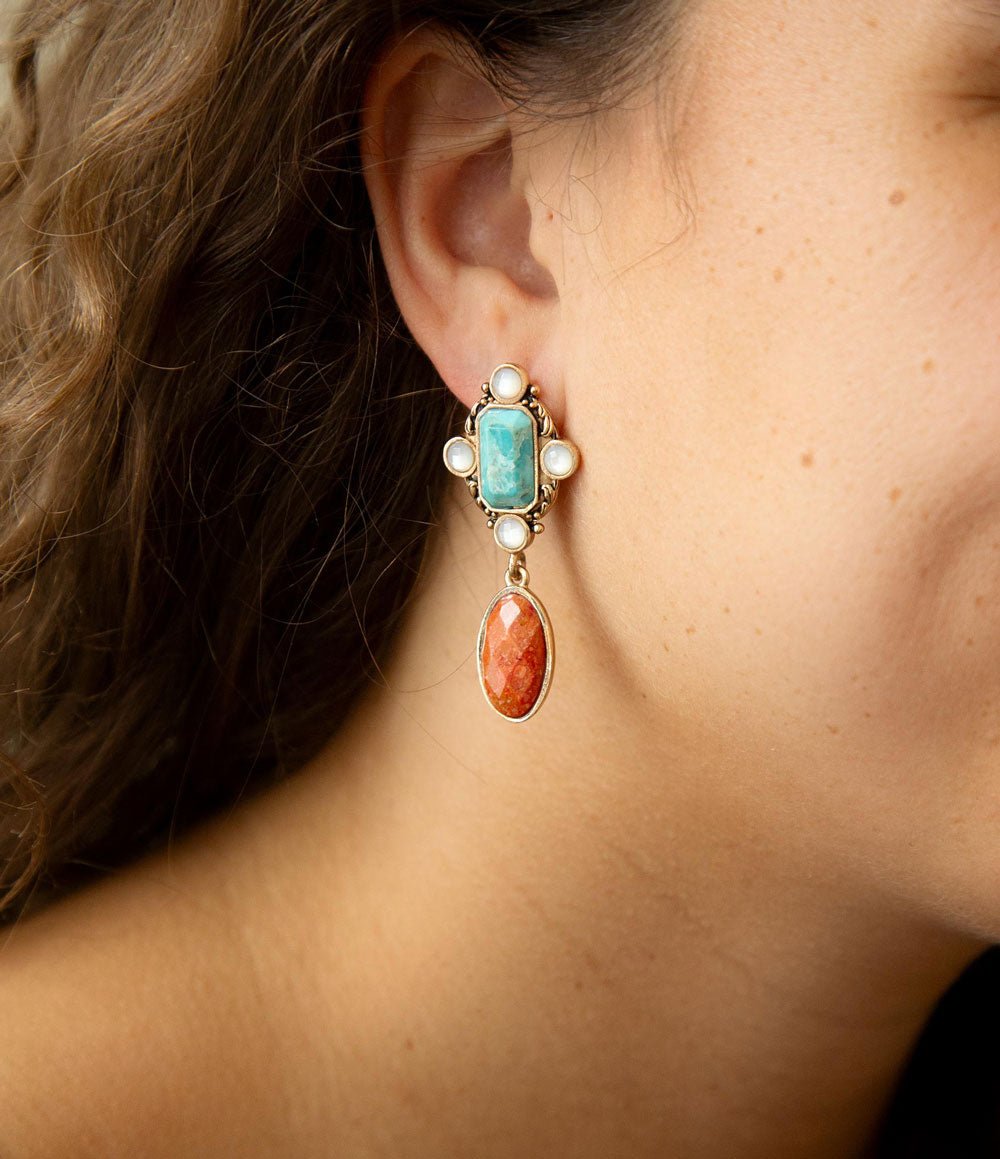 Champs Blue Turquoise and Orange Coral Post Drop Golden Earrings