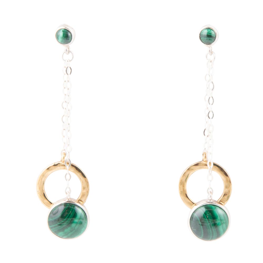 Circle Green Malachite and Two-Toned Metal Dangle Earrings