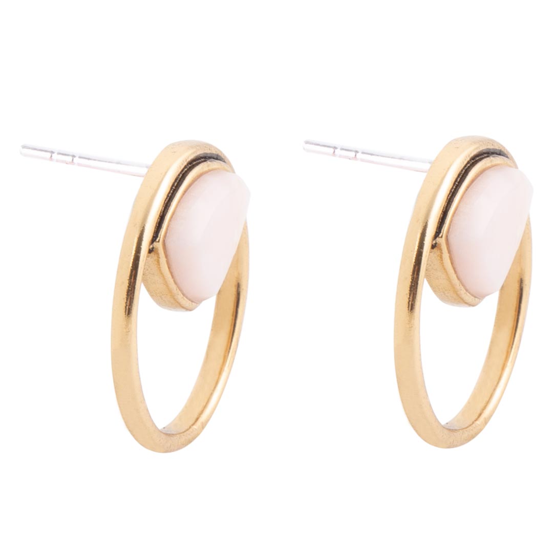 Circle Pink Opal and Golden Bronze Post Stud Earrings