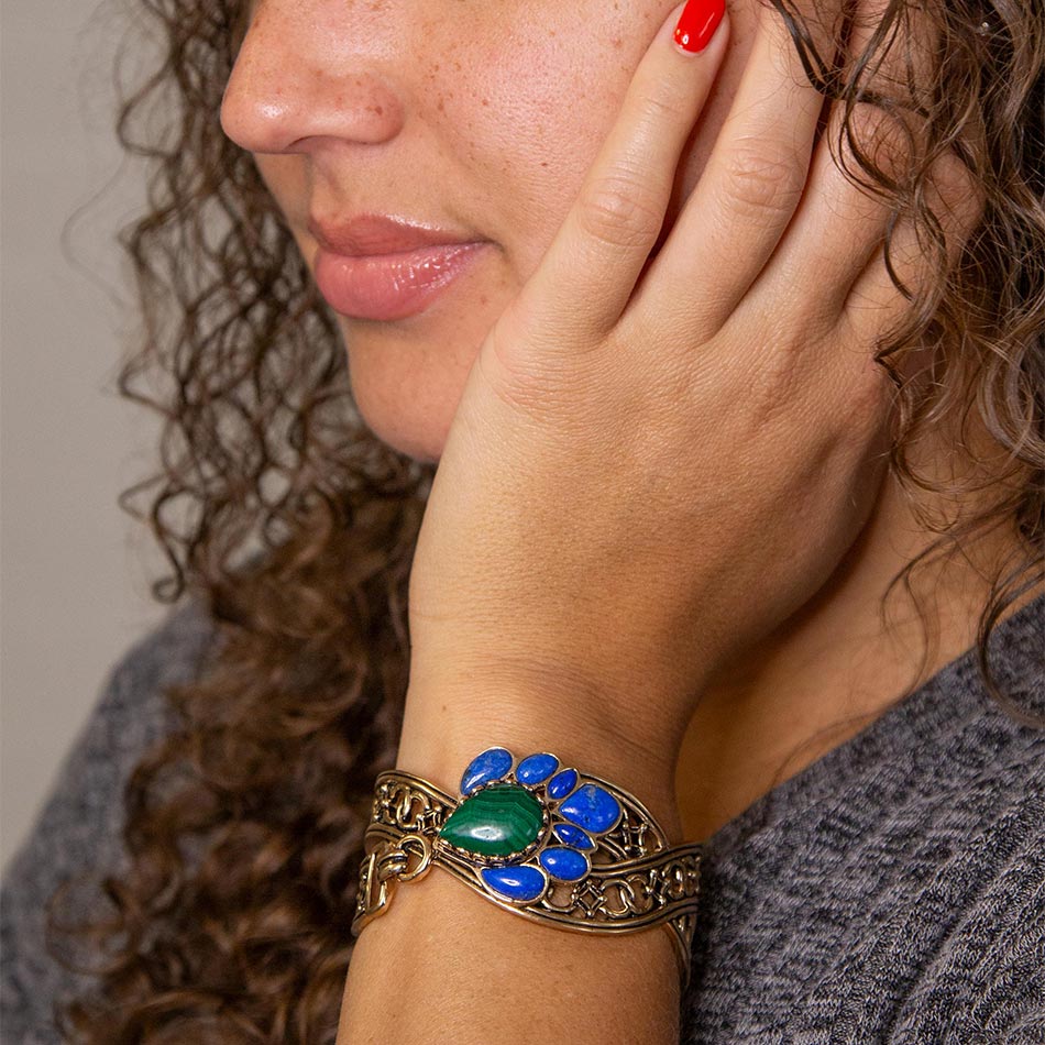 Cognate Green Malachite and Blue Lapis Golden Cuff Bracelet