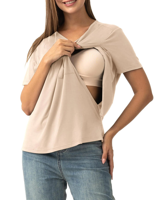 SUNNYBUY Womens Nursing Tops Breastfeeding Cover Short Sleeves Maternity Tee Shirts Double Layer Postpartum Clothes Apricot S - # BAGE211510125-NURSG