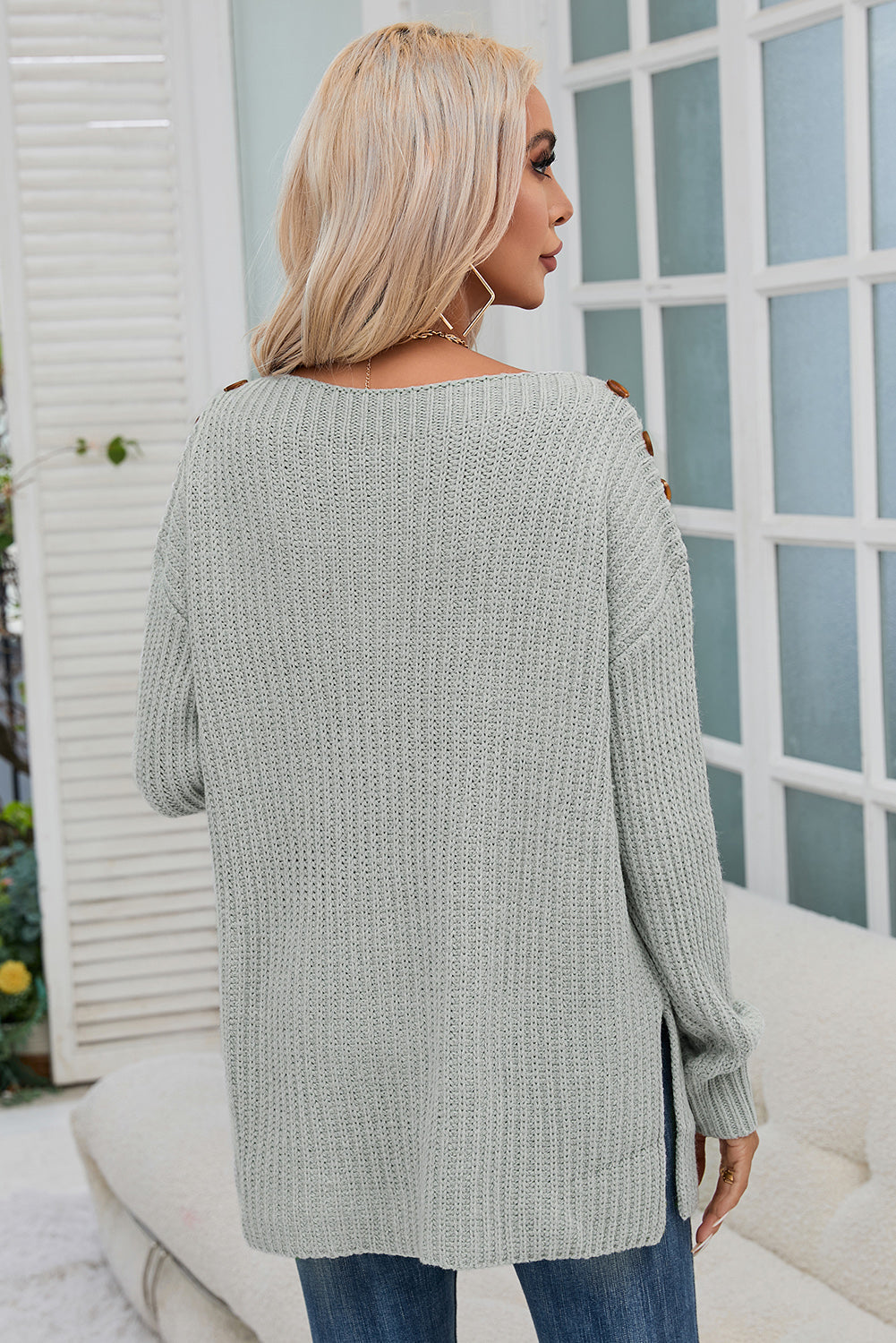 Solid Buttoned Drop Shoulder Sweater