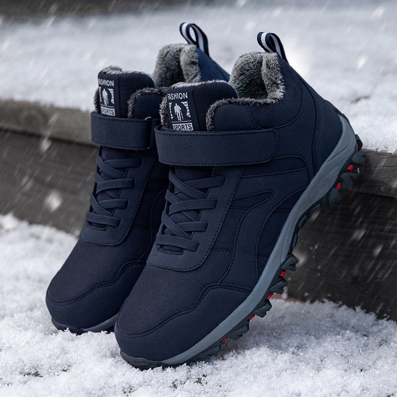 Winter fleece-lined high-top walking shoes for men and women.