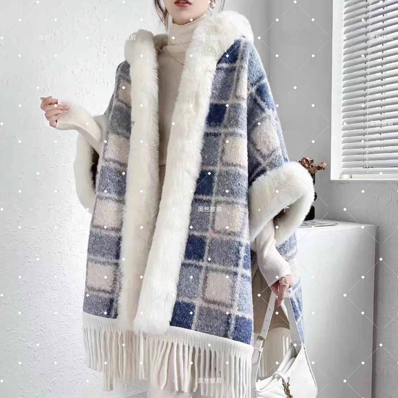 Hooded Fleece-Lined Cape with Tassel