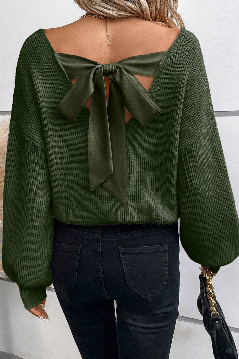 Bow Back  Lantern Sleeve V-Neck Sweater