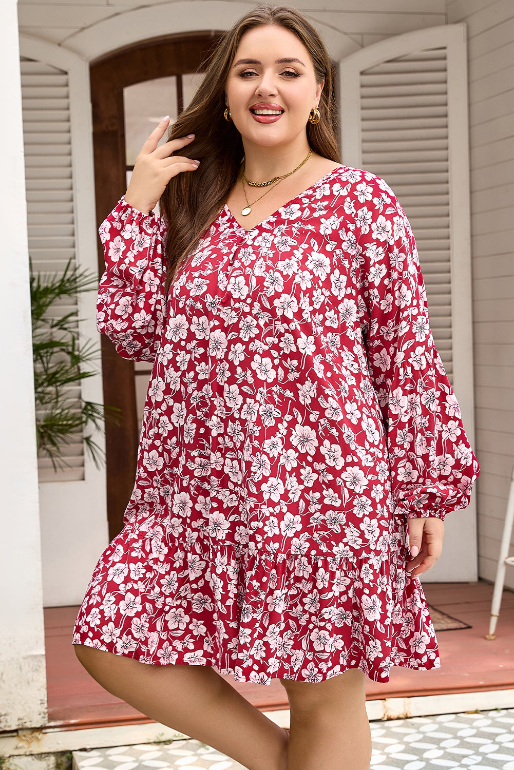 Plus Size Floral Balloon Sleeve V-Neck Mini Dress