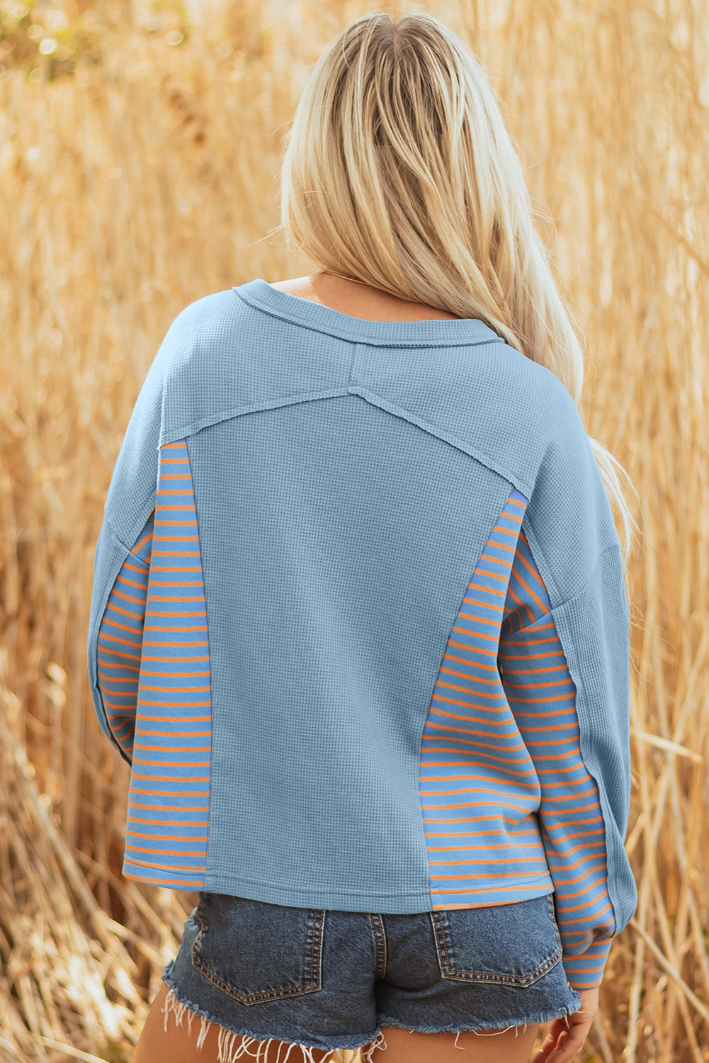 Stripe Patchwork Waffle Knit V-Neck Pullover