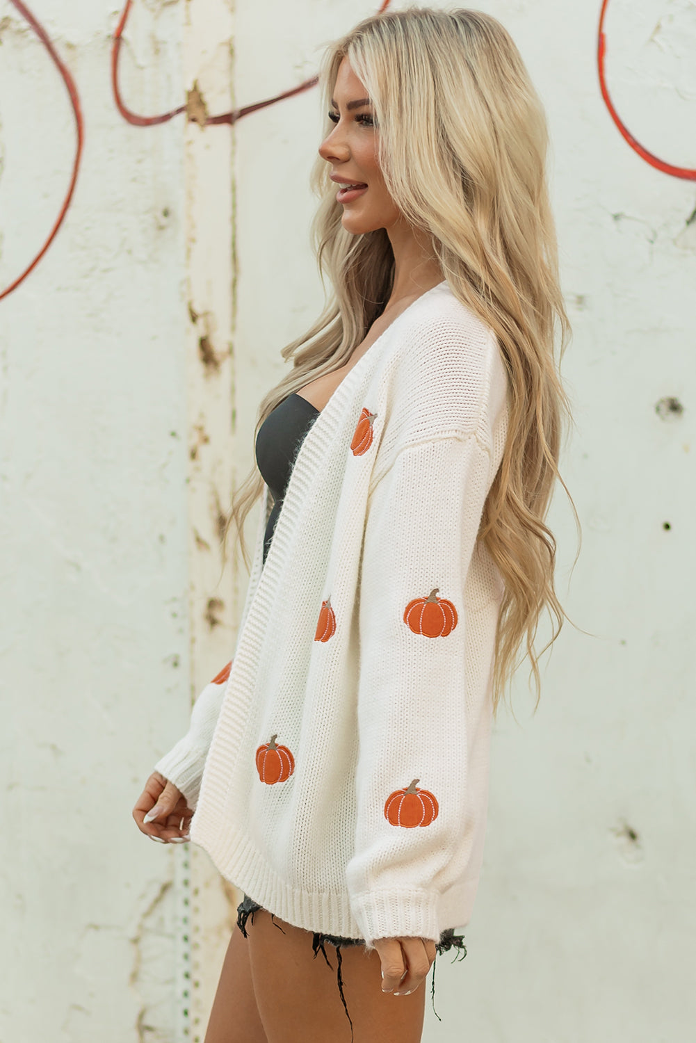 Pumpkin Embroidered Open Front Drop Shoulder Cardigan