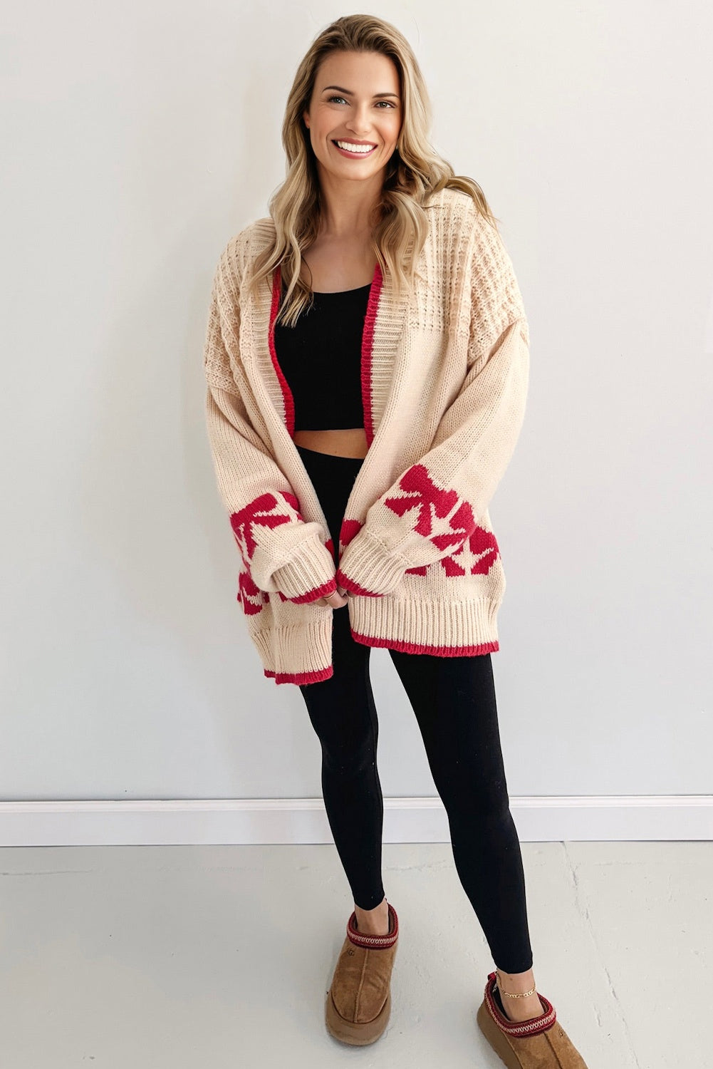 Bow Textured Open-Front Cardigan