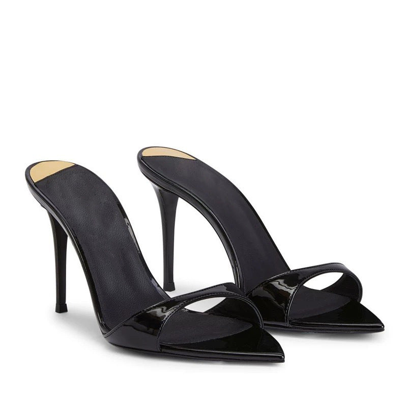 Patent leather fish-mouth flip-flops, simple open-toe sandals, women's thin heels