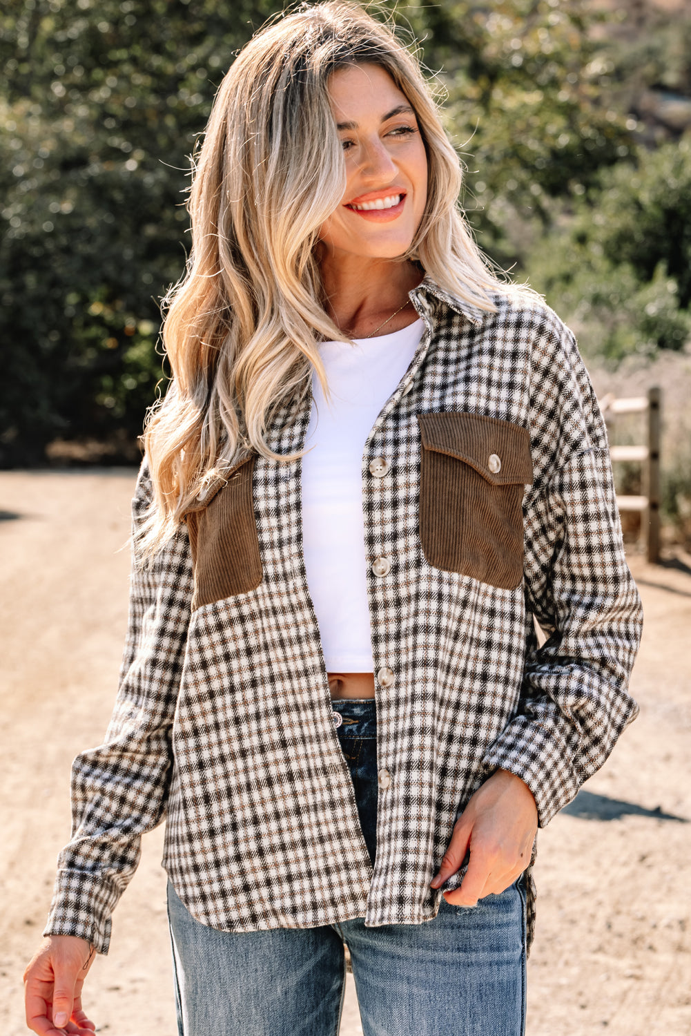 Plaid Corduroy Patchwork Pocketed Button-Up Shacket