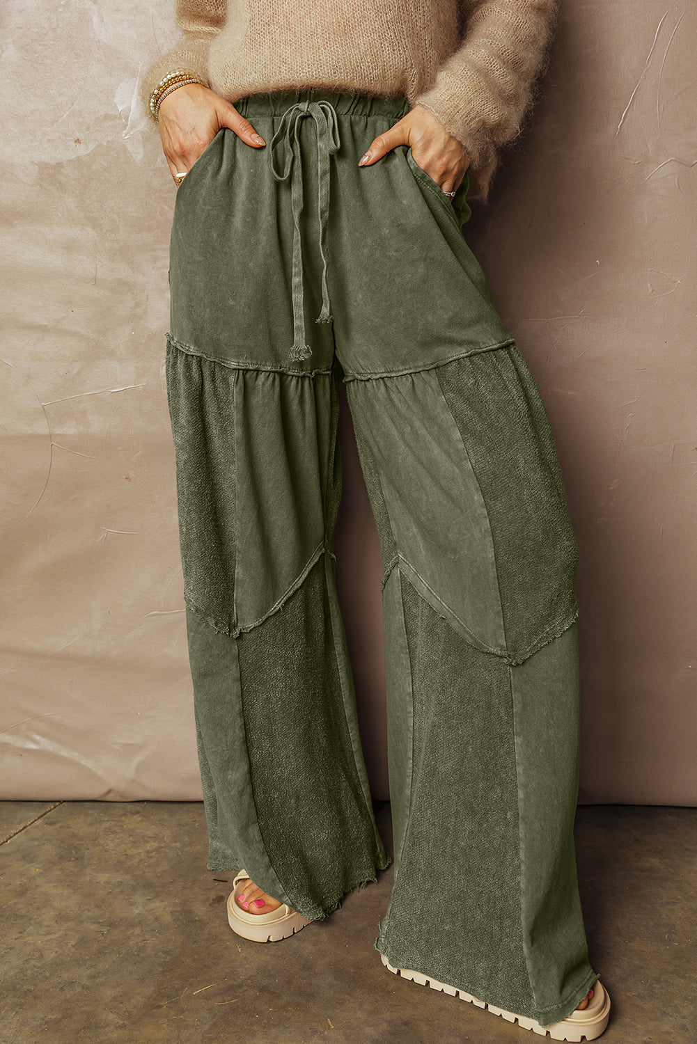 Mineral Wash Patchwork Tiered Wide Leg Pants
