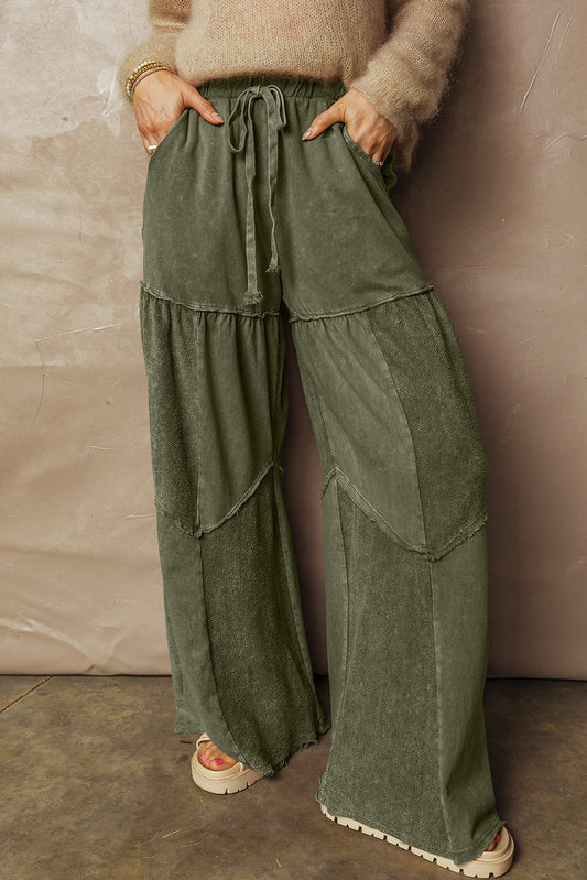 Mineral Wash Patchwork Tiered Wide Leg Pants