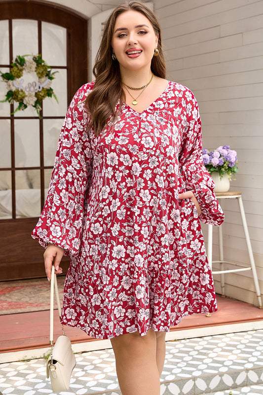 Plus Size Floral Balloon Sleeve V-Neck Mini Dress