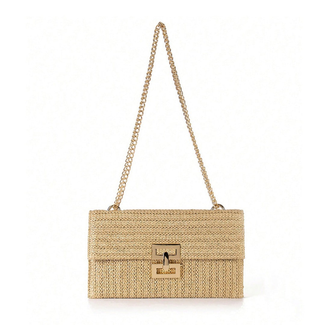 Bag ladies holiday shoulder bag, chain flip lock square purse, straw bag hobo shoulder bag women