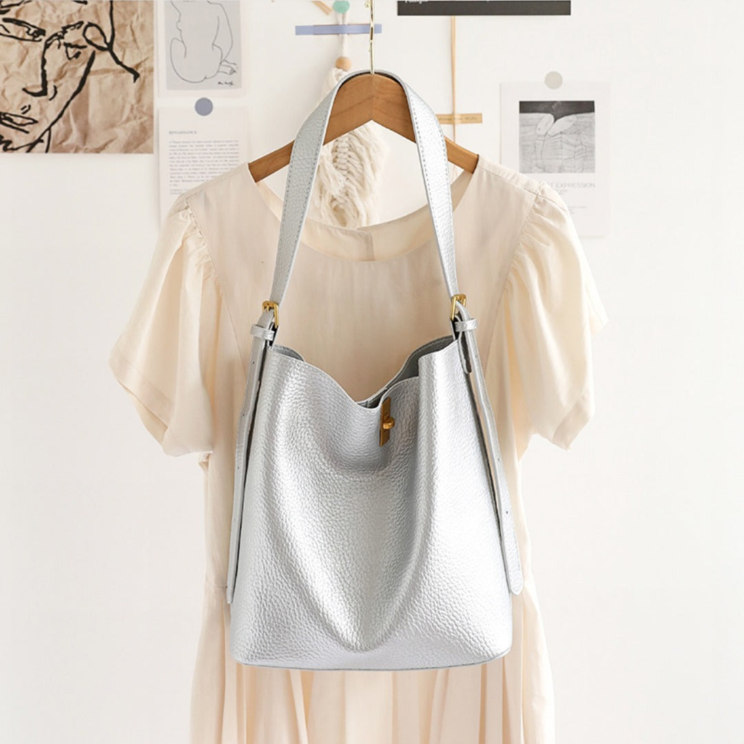 Large Capacity Versatile Bucket Bag for Female - Retro Texture Soft PU Crossbody Hobo Bag with Lock, 2 in 1 Casual Style