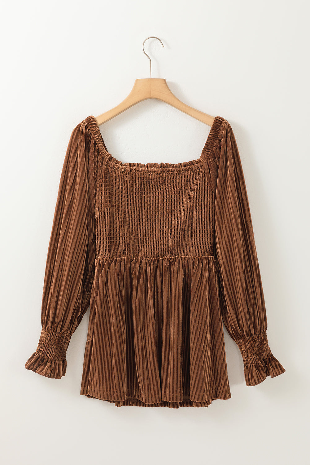 Ribbed Velvet Smocked Babydoll Blouse