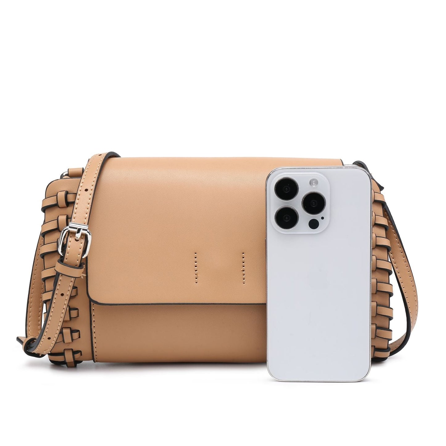 Silver Small Crossbody Bag Tan Compact Black Square Purse With Handcrafted Weave detail