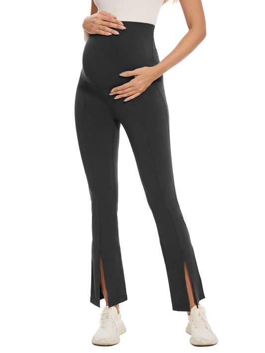 Maternity Flare Leggings Over The Belly-Maternity Workout Leggings-Split Front Bootcut Pregnancy Yoga Pants-Soft Black - # WOAA21410009 - PRG