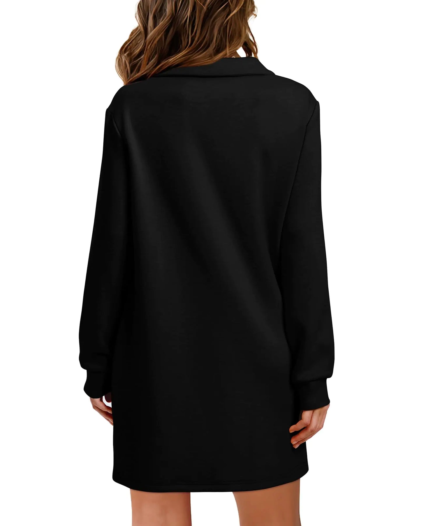 WIHOLL Womens Long Sleeve Lapel Collared V Neck Sweatshirt Dress Loose Fit Solid Color Mini Dresses Fall 2024 Black Large - # GIAA231710008