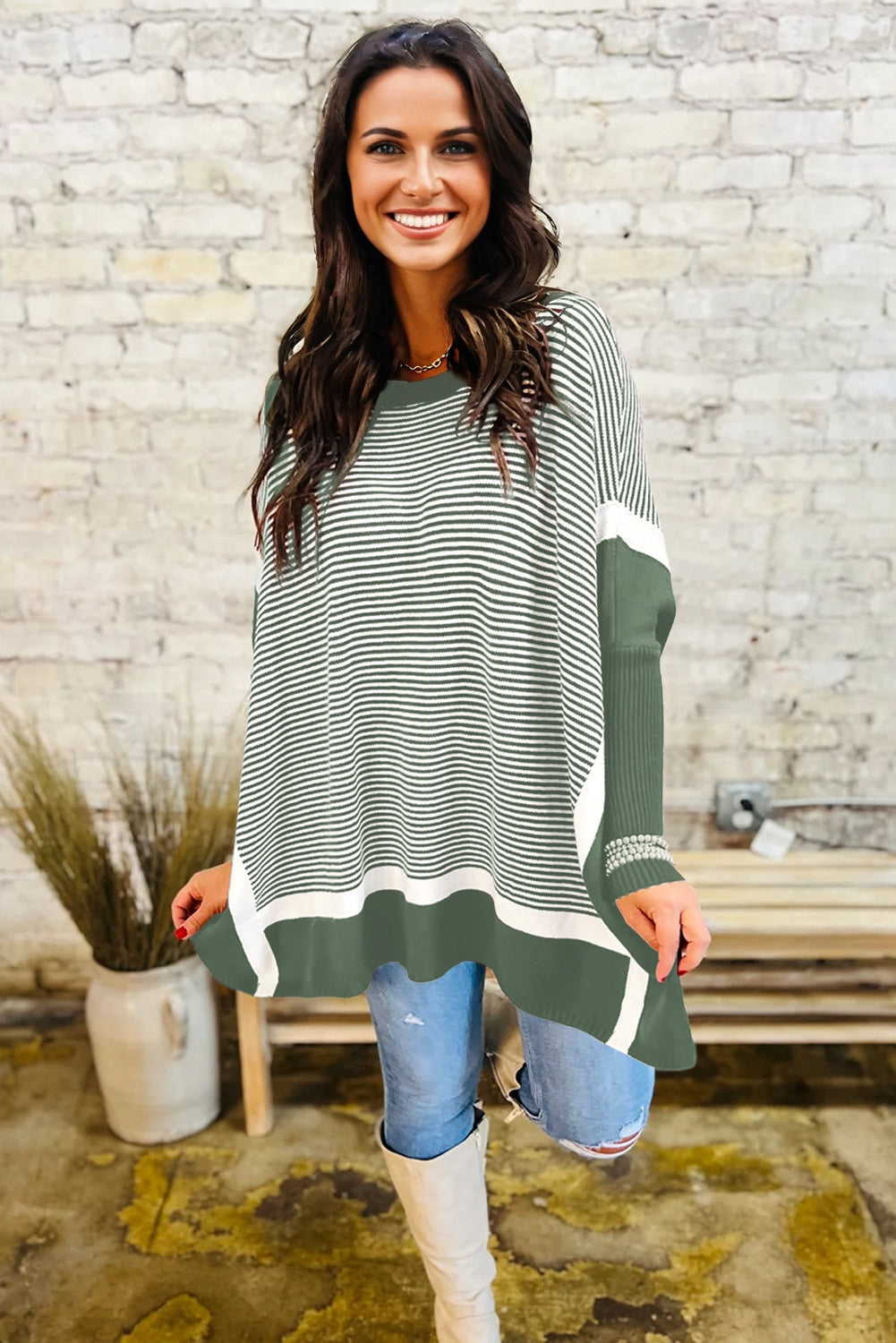 Stripe Colorblock Patchwork Dolman Sleeve Sweater